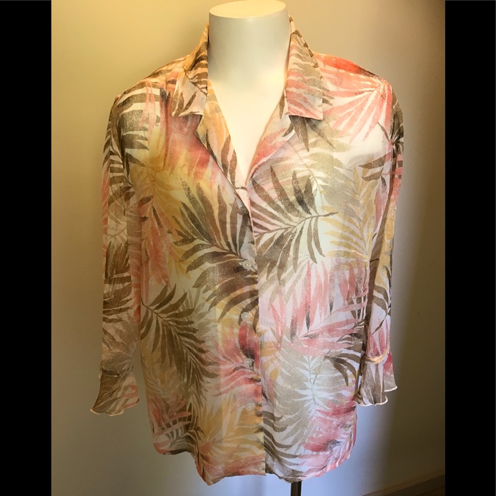 Alfred Dunner Tropical Print Sheer Blouse w/Ruffled Bell Sleeves
